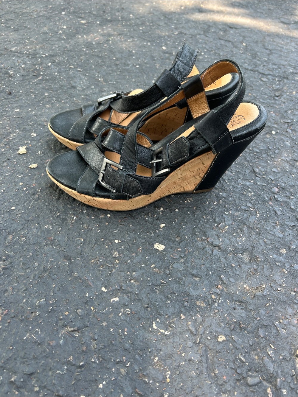 Women's Black Wedge Sandals - Comfort Cork Heel